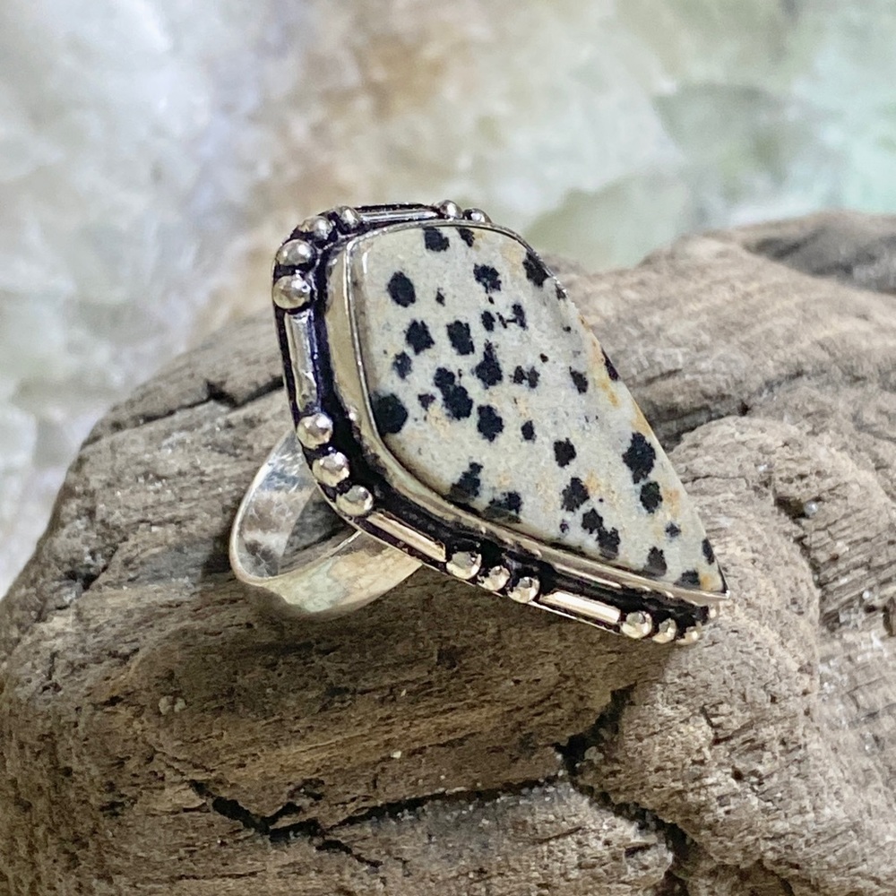 Dalmatian Jasper Natural Gemstone Ring, coffin shape, .925 Sterling overlay.